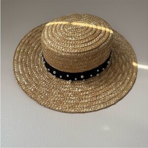BCBGeneration Natural Straw Hat with Black Pearl Trim